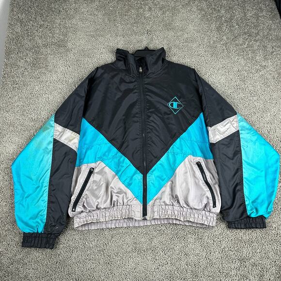 Champion Jacket Mens Large Black Blue Nylon Windbreaker Lined Full Zip Coat - Picture 2 of 13